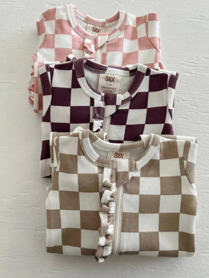 SIIX Collection - Wholesale Bodysuit (Footed) - Baby - Strawberry Shortcake Checkerboard / Organic Frill Zip Footie