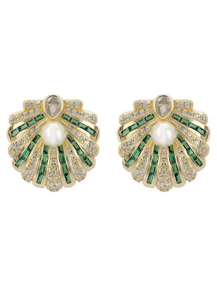 Boucles d'oreilles Art Déco en forme de coquille Saint-Jacques, vert émeraude et or perlé pour la vente par Latelita
