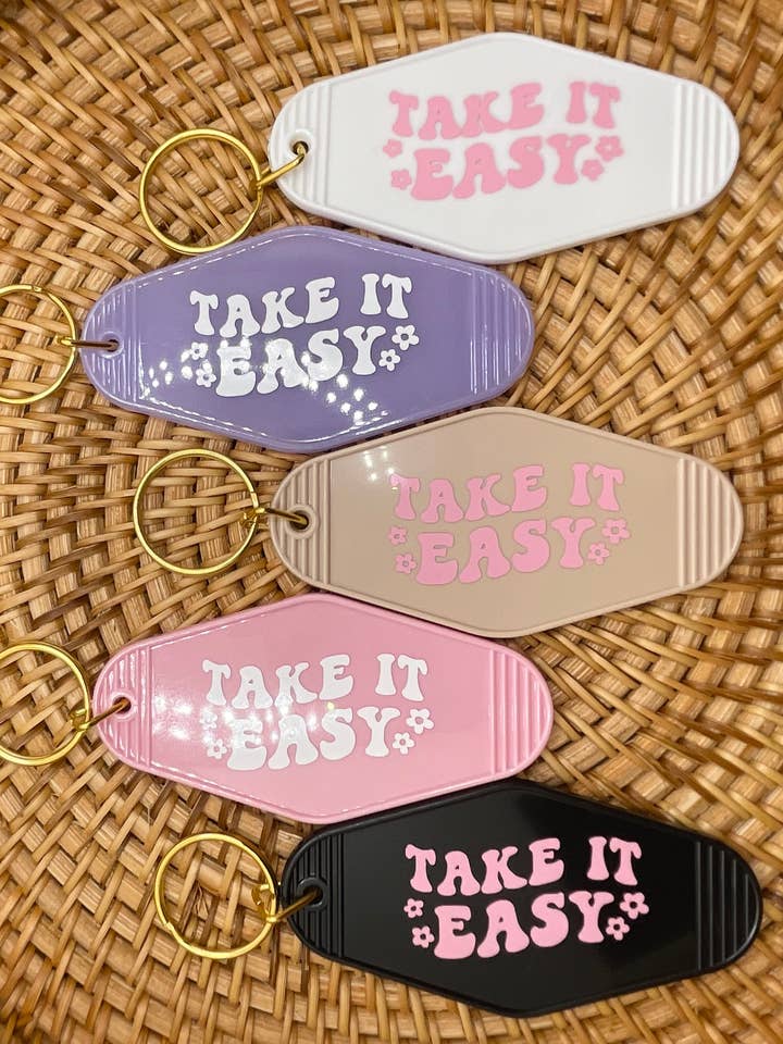 Take It Easy Floral Retro Style Keychain, Motel Keychain for wholesale by Jeanne Mari & Co