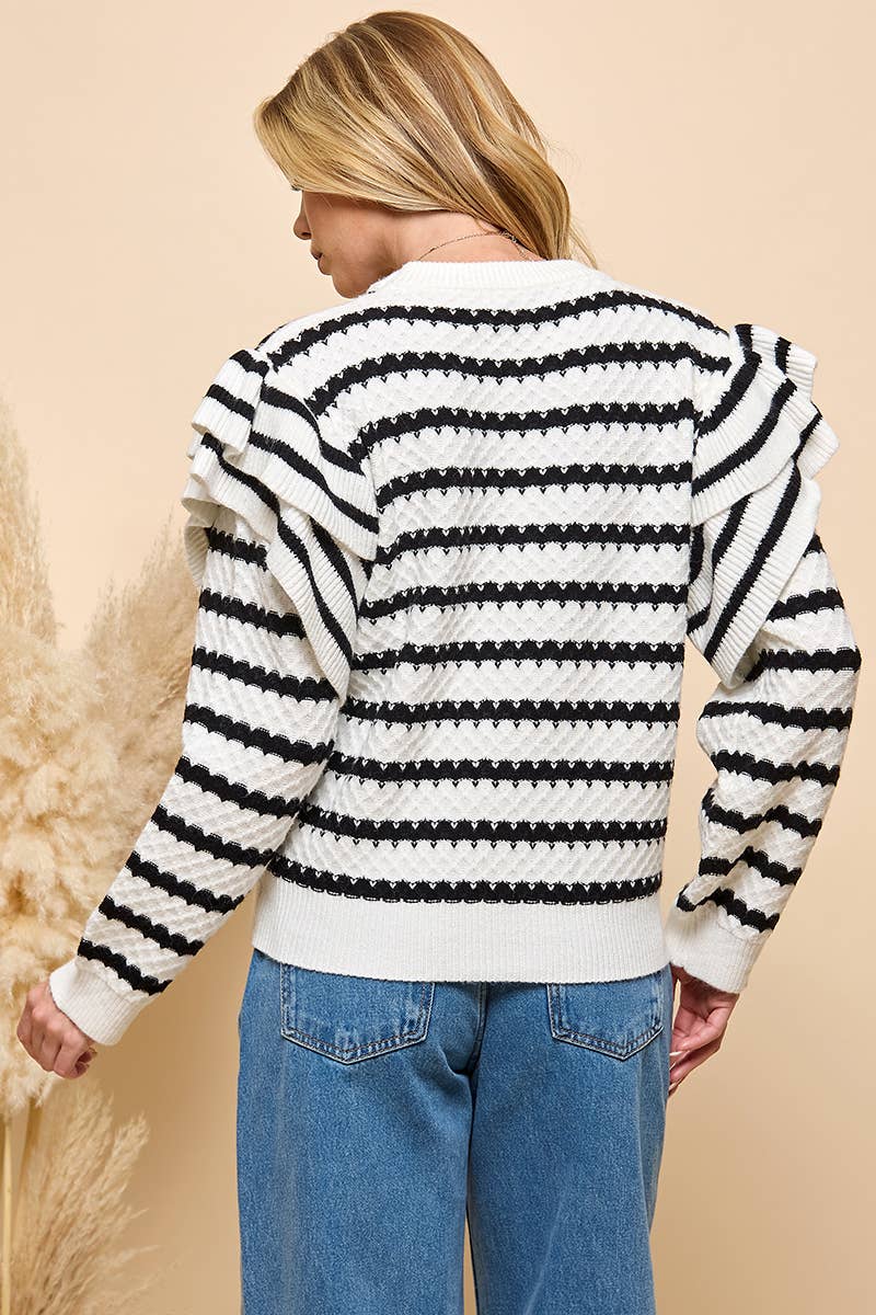 Schwarz/Weiss Gestreifter Pullover mit Rüschenbesatz  für den Großhandel auf Faire10