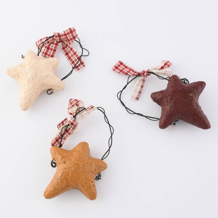 Paper Mache Stars, Christmas Ornaments, Off-White / Mustard-Yellow / Barn-Red, Assorted, Set of 3 - 3.5" Tall for wholesale by Birch Maison