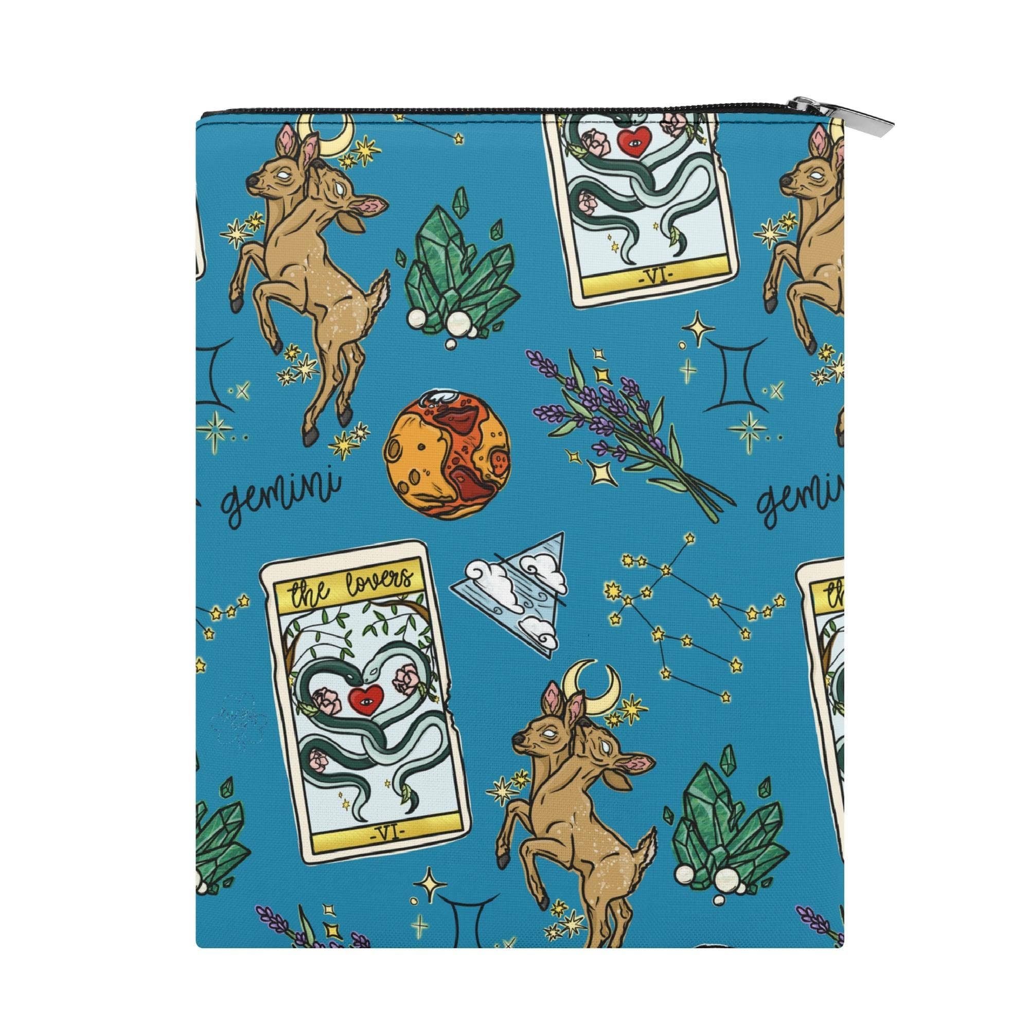 OhhhSoPeachy – Großhandel Buchumschlag – Gemini nahtloses Muster bedruckter Stoff benutzerdefinierter Buchumschlag Buchschutzhülle mit Reißverschluss und Fronttasche4