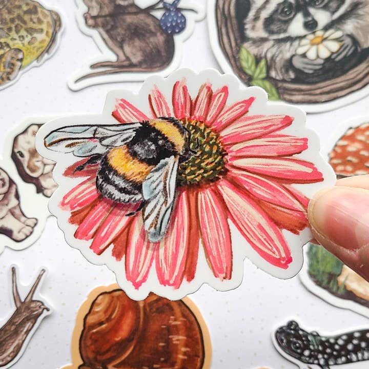 Bee on Flower Waterproof Sticker-Nature Art Gift Idea for wholesale by To Draw Attention
