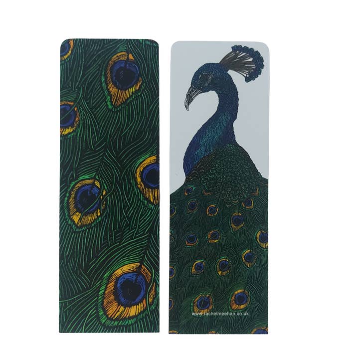Peacock and Feathers Double Sided Bookmark for wholesale by Rachel Meehan, pictures and words...