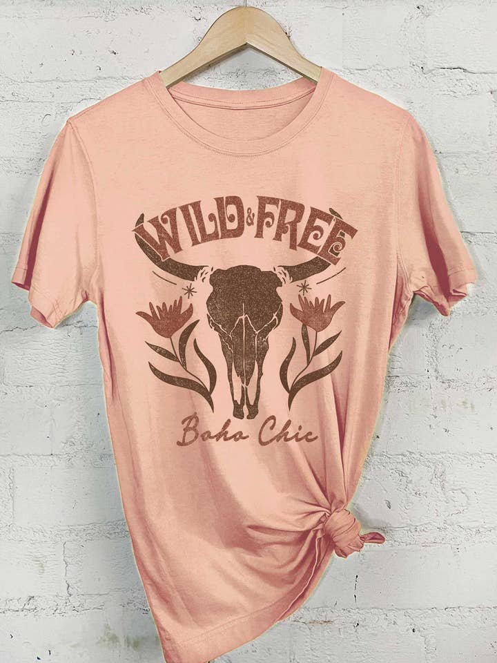 WILD FREE FLOWER COW SKULL GRAPHIC TSHIRTS for wholesale by Rustee Clothing