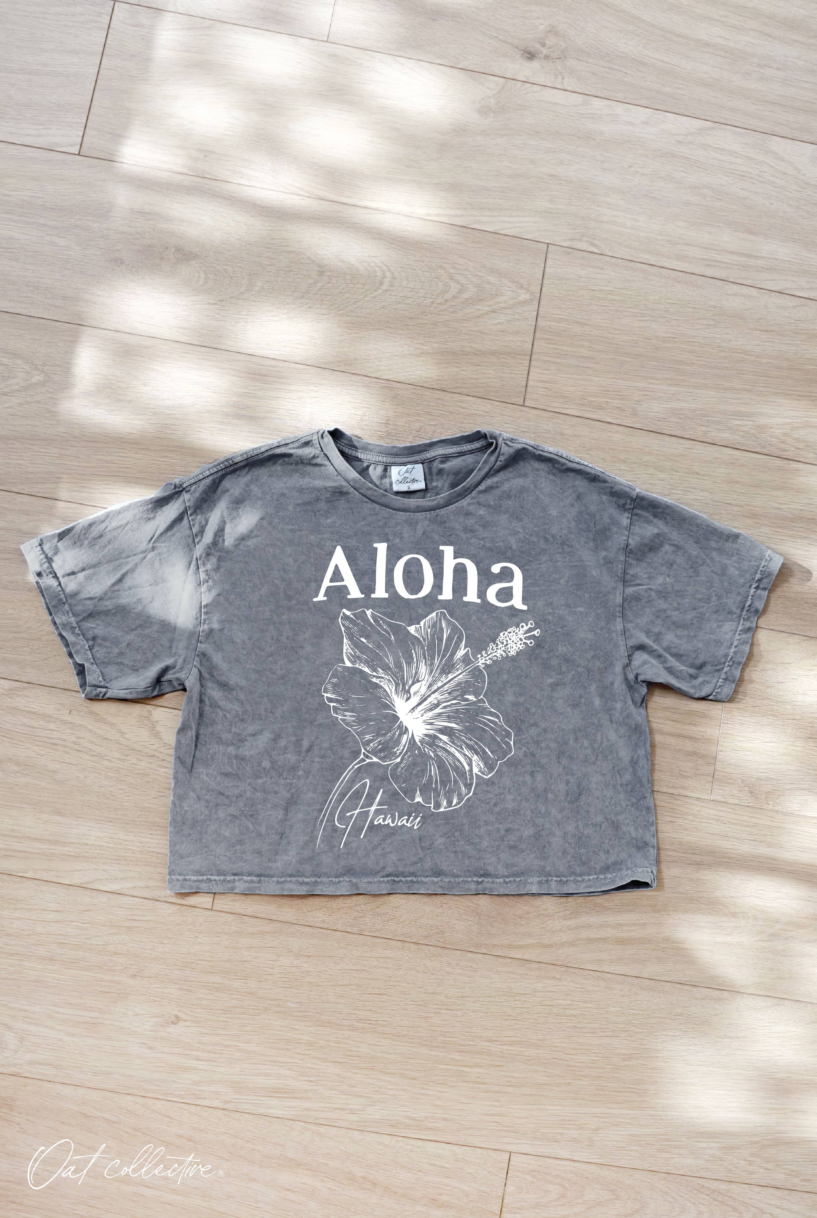 OAT COLLECTIVE - Wholesale Screen Printed T-Shirt - Women's - ALOHA HAWAII Cropped Mineral Washed Graphic Top
1