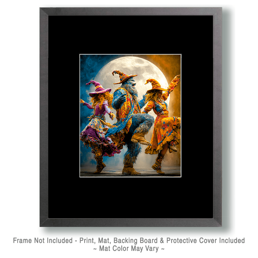 Mowbi - Wholesale Art Print - Bigfoot Dancing with Two Witches - Dark Academia Art - 8"x10" Artwork for 11"x14" Frame1