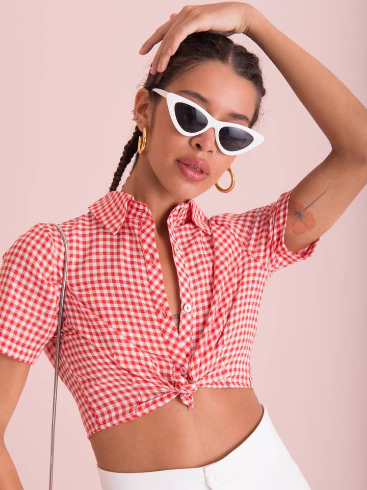 16386-Back Cut Out Short Sleeve Crop Shirt - Red for wholesale by BSL
