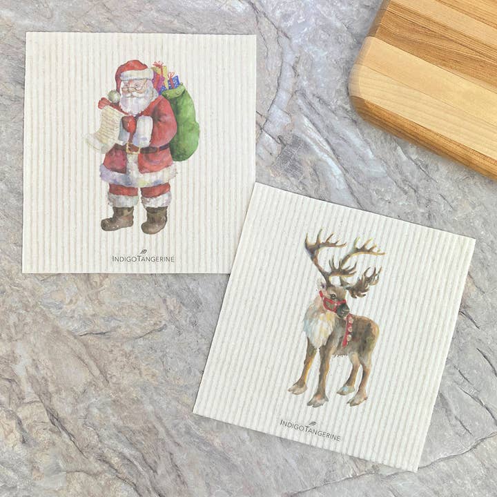 Indigo Tangerine - Wholesale Dishcloth - Santa, Reindeer - 2pk Swedish Dish Cloth