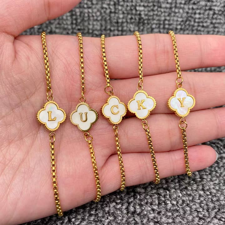 Mio Queena - Wholesale Charm/Dangle Bracelet - Initials Shell Clover Charm 18K Golden SS Bracelets - FGS