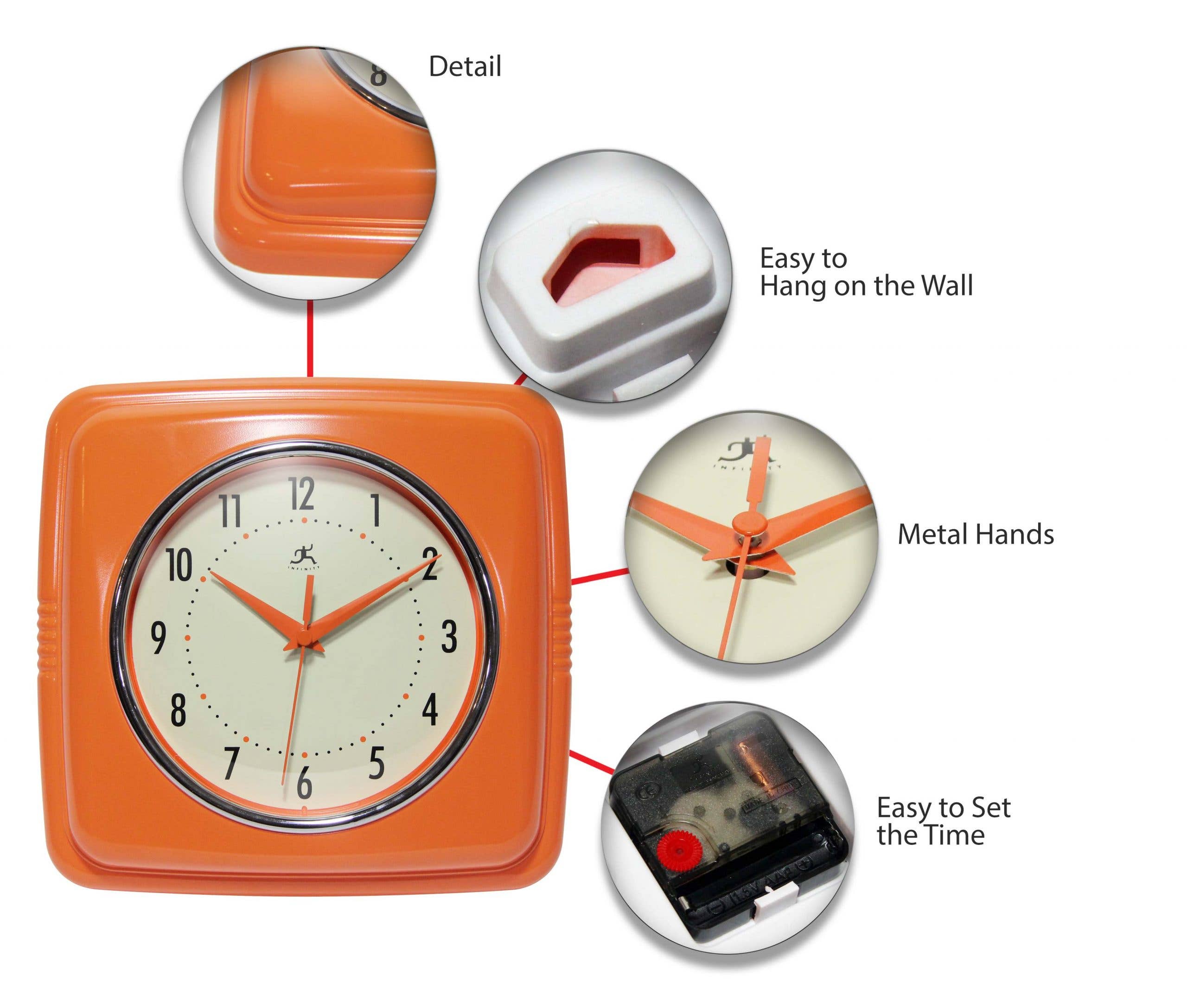 Infinity Instruments - Wholesale Wall Clock - Retro Square Orange Indoor Wall Clock 9.25 Inch3