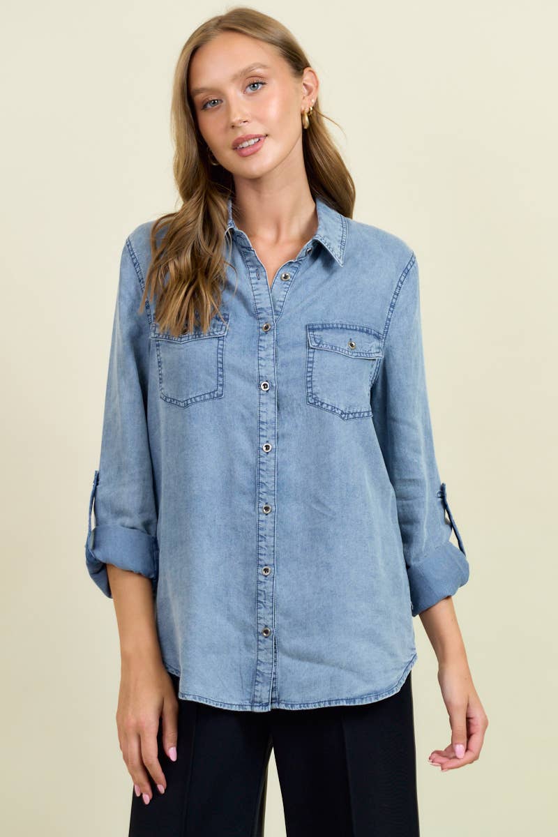 Doe and Rae – Camisa com botões no colarinho – Mulher por atacado – Camisa Chambray Button Down Com Manga Roll Up - 41778T6