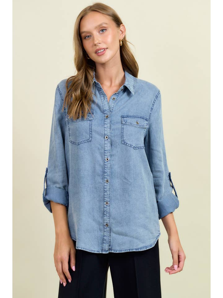 Doe and Rae - Wholesale Overhemd met knopen - Dames - Chambray overhemd met knoopsluiting en oprolbare mouwen - 41778T6