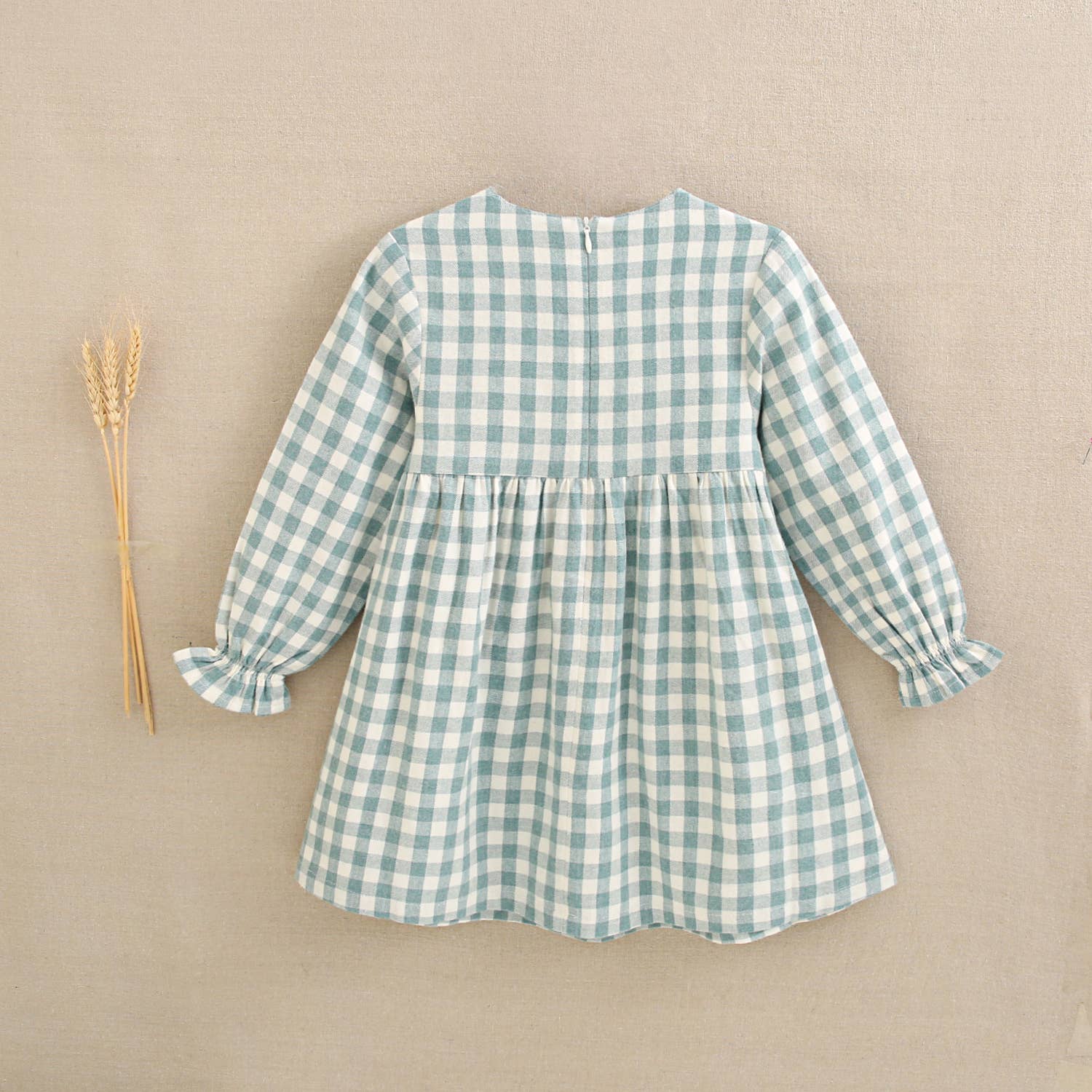 Dadati - Wholesale Dress - Kids - Water green vichy checkered flannel dress with bow3