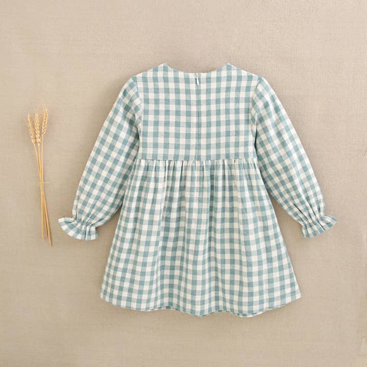 Dadati - Wholesale Dress - Kids - Water green vichy checkered flannel dress with bow3