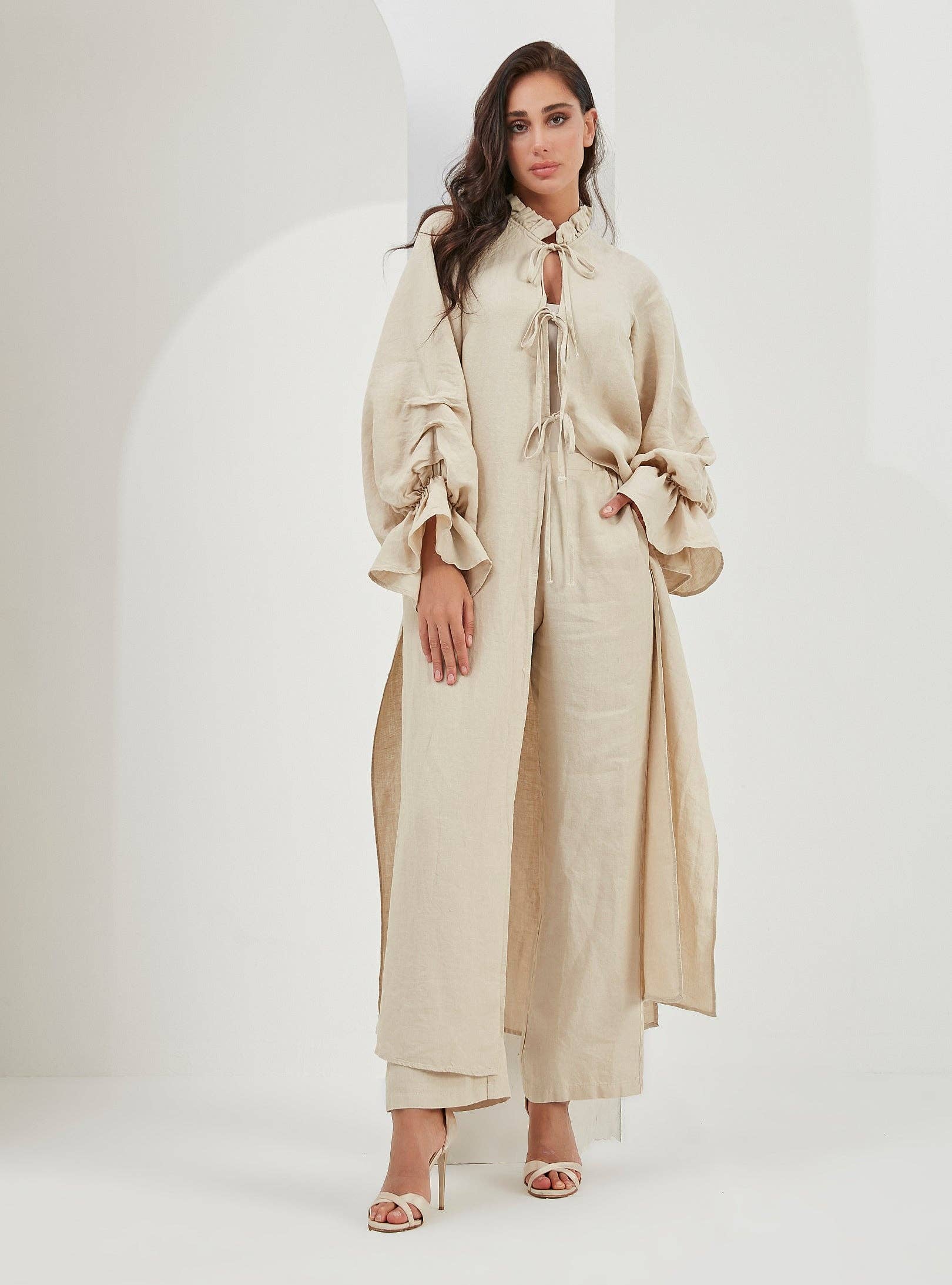 Store WF – wholesale Top & pants set (NOT Loungewear) – Women's – 100% Washed Linen Beige Balloon Sleeve Kimono Trousers Set1