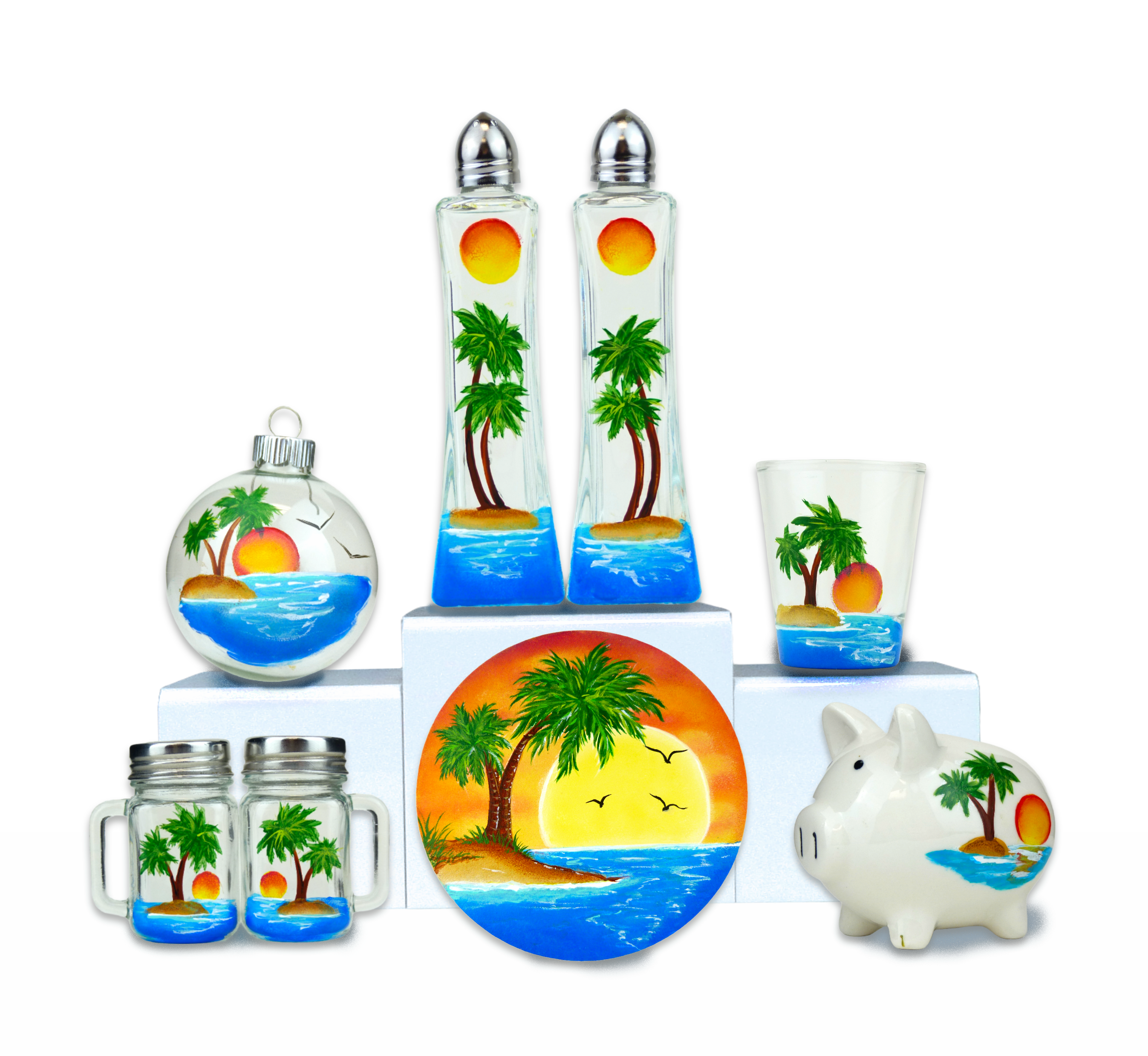 Classy Art Designs, LLC - Wholesale Salt & Pepper Shaker Set - Paradise Palm Trees Tall Salt & Pepper1