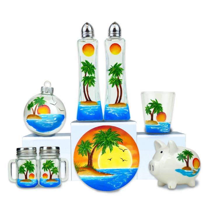 Classy Art Designs, LLC - Wholesale Salt & Pepper Shaker Set - Paradise Palm Trees Tall Salt & Pepper1