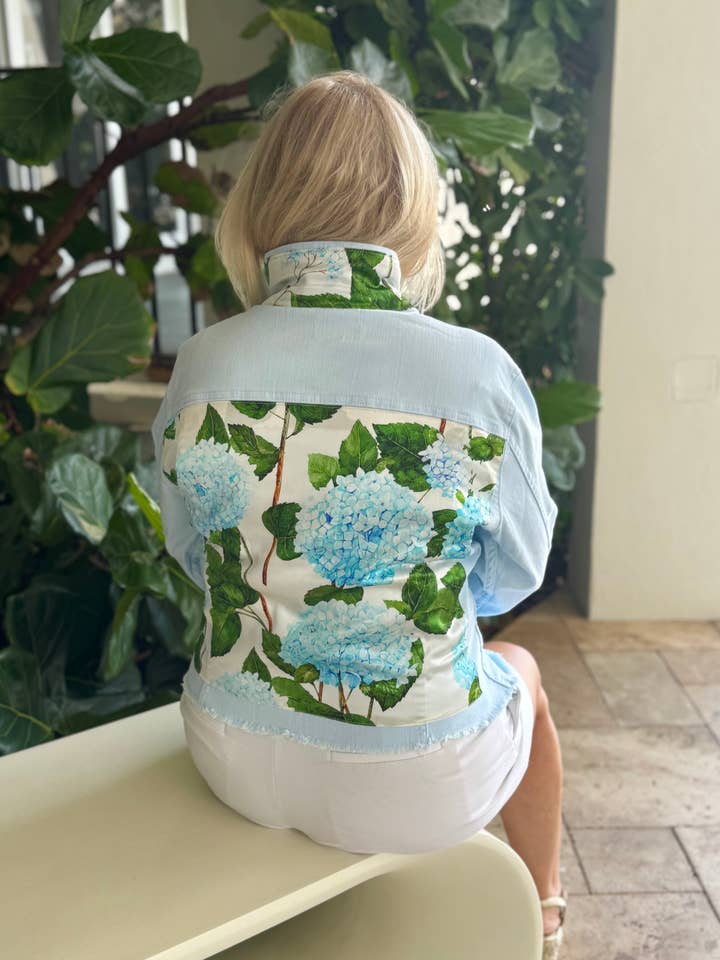 The Nantucket Breeze Denim Jacket / Blue Hydrangea for wholesale by Stacy Bradley Design