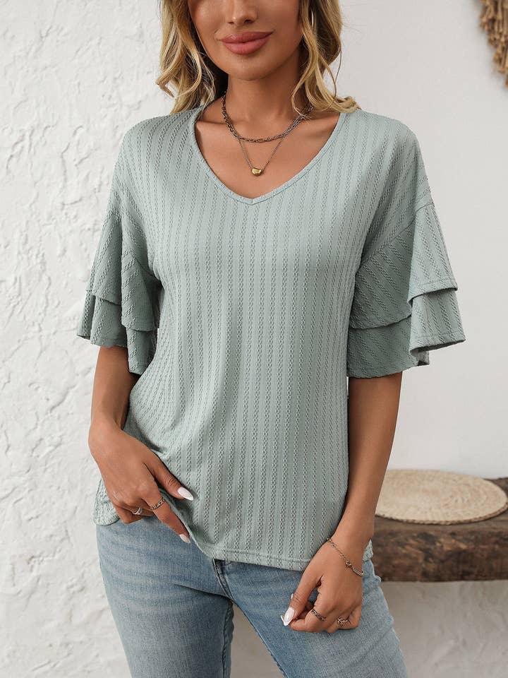 Lovesoft - Wholesale Blouse - Women's - 2026 Spring Solid Color V-Neck Ruffle Sleeve ShortSleeve Top18