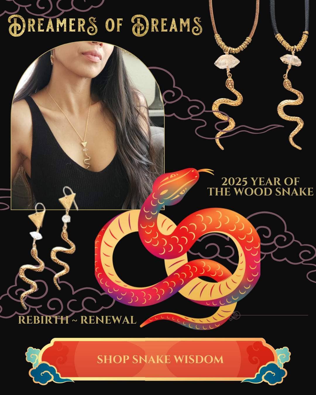 Dreamers of Dreams - Wholesale Pendant/Charm Necklace - Gold Year of the Snake Diamond Quartz Long Necklace5