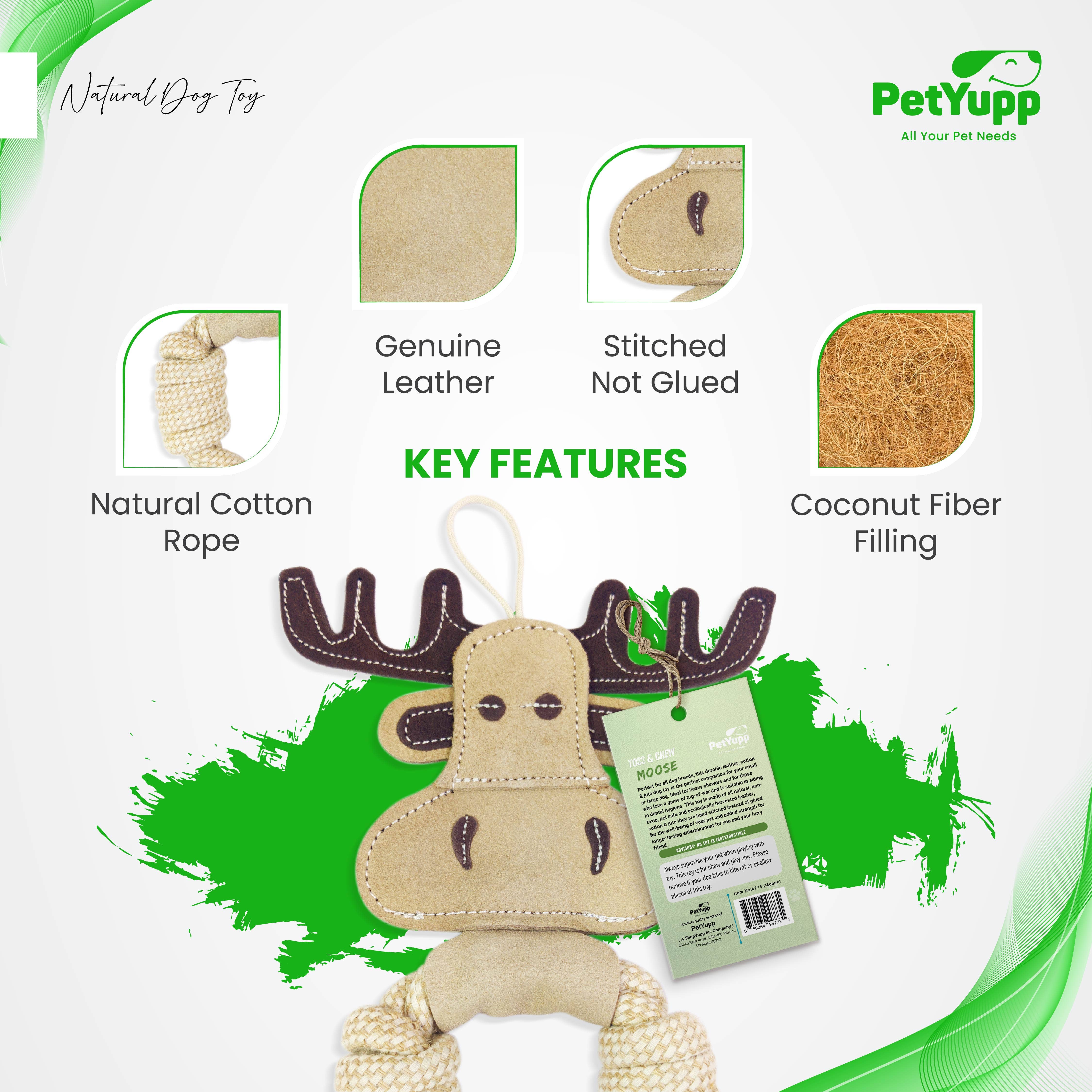 PetYupp - Wholesale Pet Rope Toy - Dog - Cotton & Jute Toss-Tug Dog Toy with Genuine Leather - Moose3