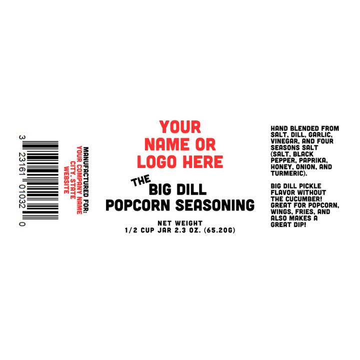 Big Dill Popcorn Seasoning - Custom Logo - 1/2 Cup Jar for wholesale by Rachel's Spice Company