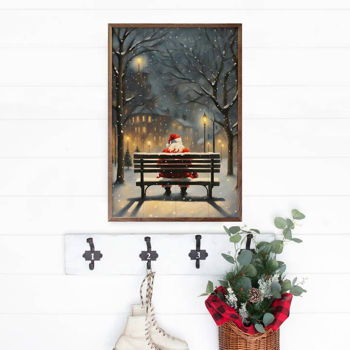 Kendrick Home - Wholesale Christmas Wall Art - Santa On A City Bench2