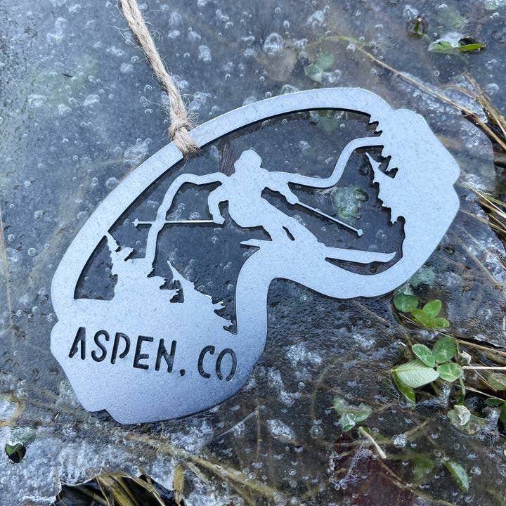 Aspen, CO Ski Goggles Ornament made from Raw Steel for wholesale by BE Creations & Designs, Inc.