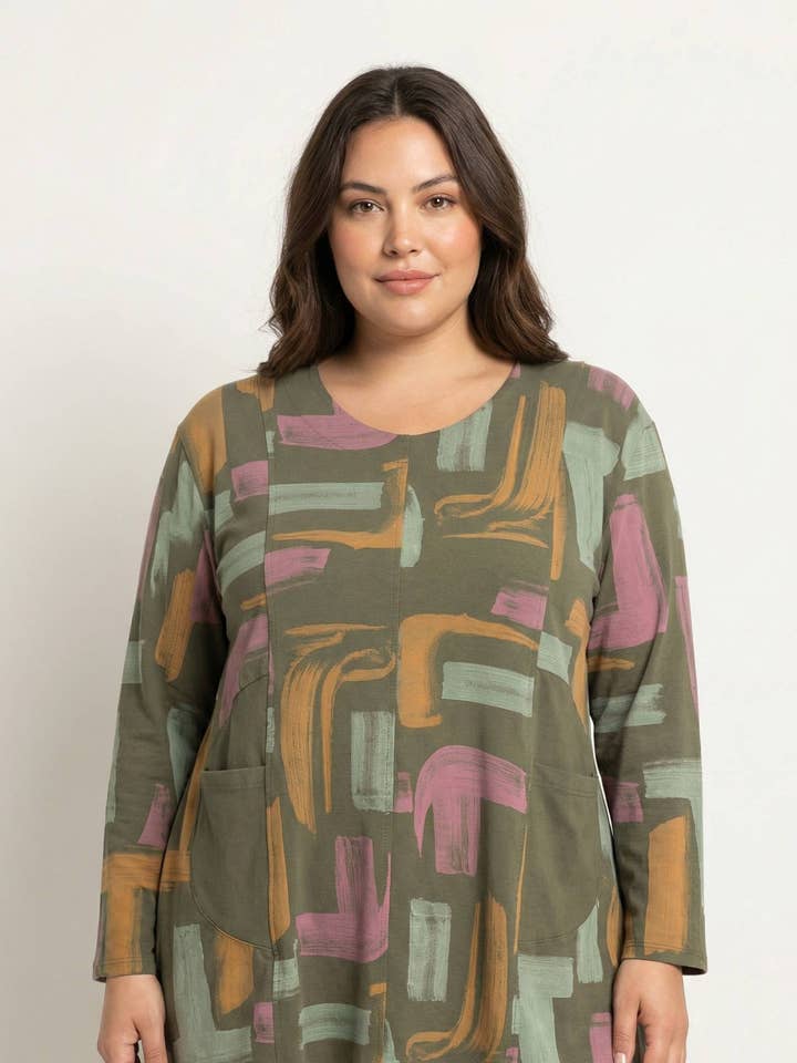 Plus size printed khaki tunic (T90673) for wholesale by Pomme Rouge Paris