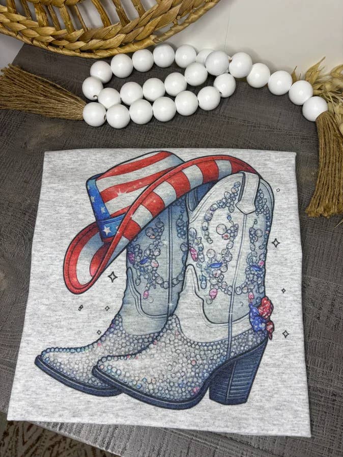 Ash Grey T Shirt Patriotic Bling Boots (Gildan T-Shirt) for wholesale on Faire0