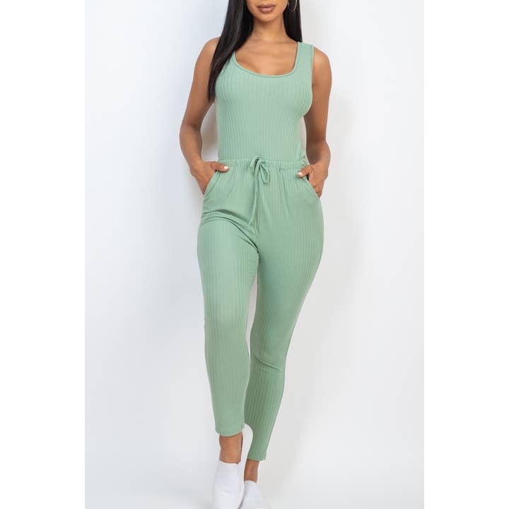 Ribbed Sleeveless Drawstring Catsuits Jumpsuit for wholesale by Paperdoll