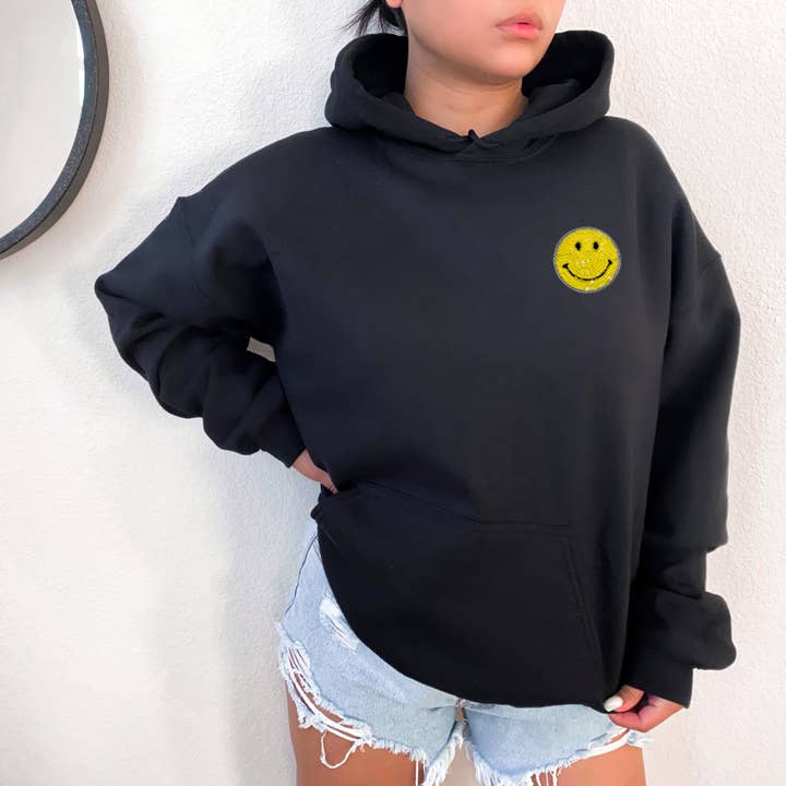 Shamaim - Wholesale Hoodie - Women's - HAPPY FACE SEQUIN Patch Graphic Unisex Fleece Hooded Sweatsh