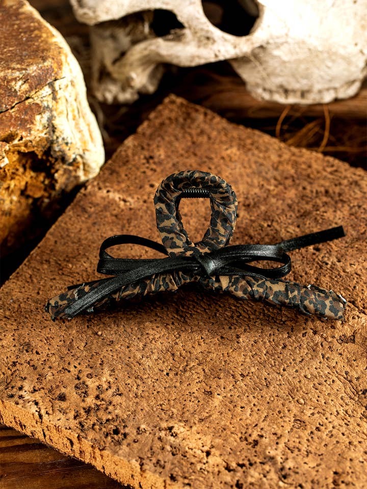 Leopard Cloth Wrap Over Contrast Bow Detail Hair Claw Clip for wholesale by 1 the Woman