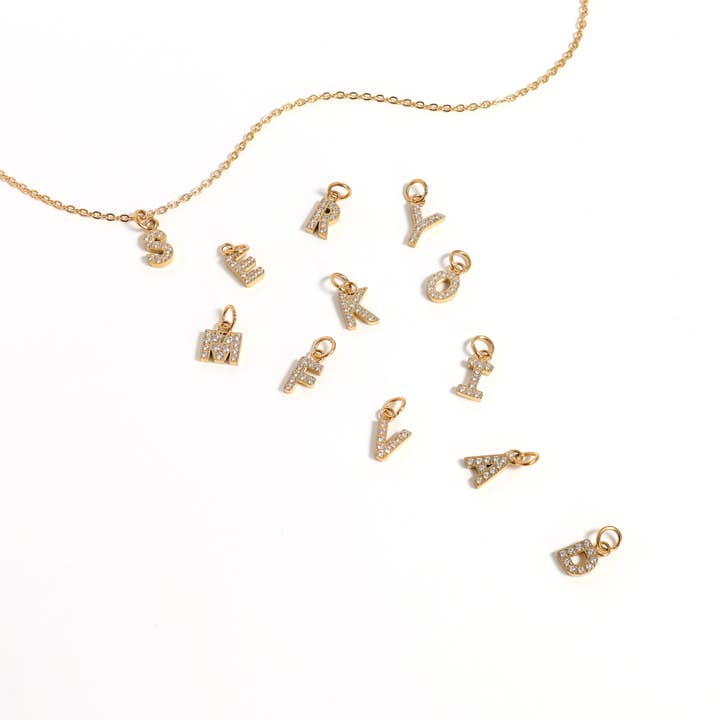 WJW - Wholesale Individual Charm/Pendant - Gold Pavé Set CZ Initial Letter Charms
