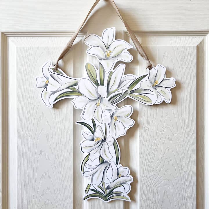 Easter Lily Cross Door Hanger Spring Outdoor Decor Sign for wholesale by Home Malone