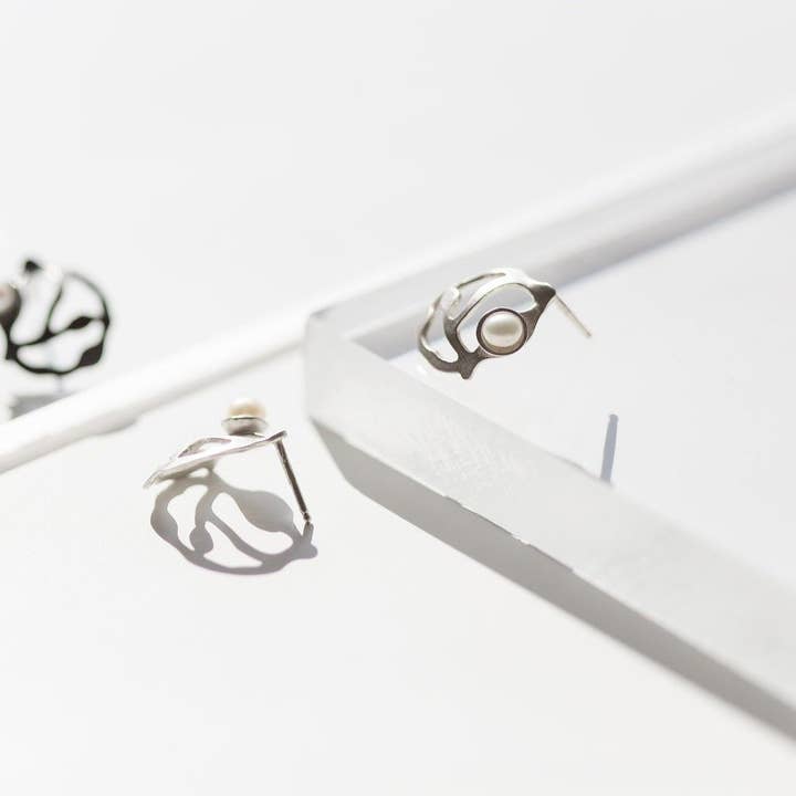 Pearl Seaweed Cluster Earrings in Brushed Silver for wholesale by Denisa Piatti Jewellery