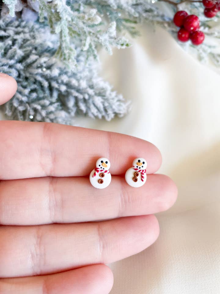 Tiny Snowman Stud Earrings - Polymer Clay Earrings for wholesale by Autumn Cloud Design