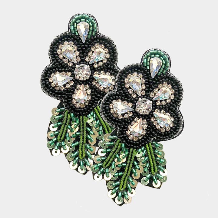 Felt Back Sequin Stone Embellished Seed Beaded Flower Leaf Earrings for wholesale by Sensibling Corp.