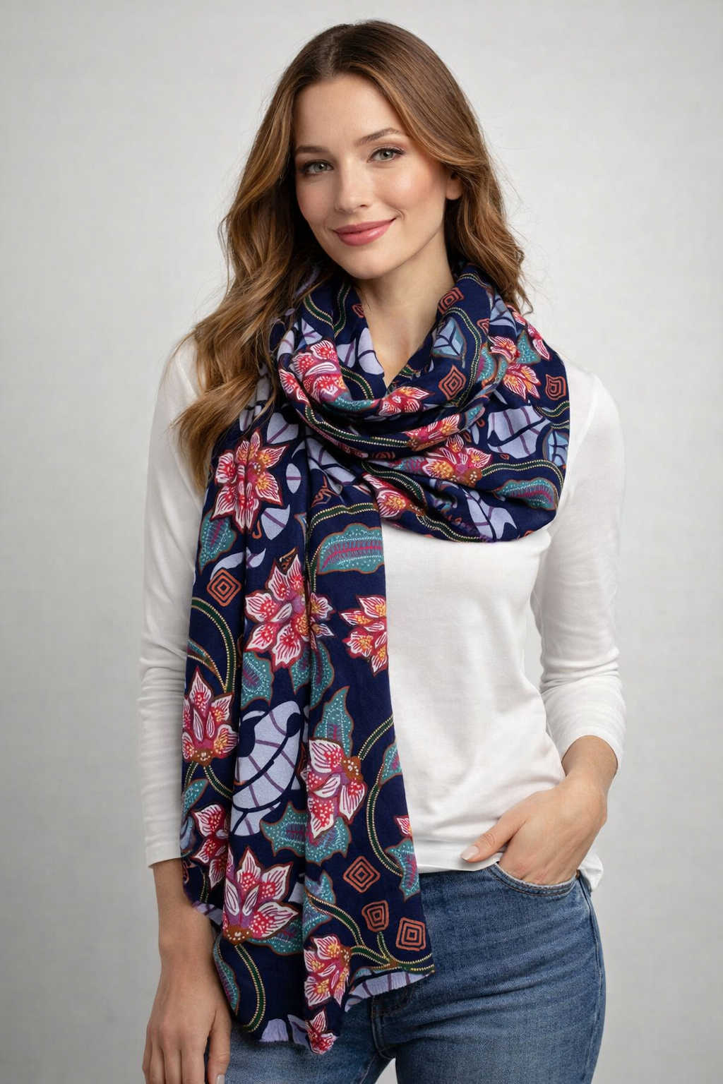 Navy Blue Ethnic Floral Print Wool Frayed Scarf for wholesale on Faire0