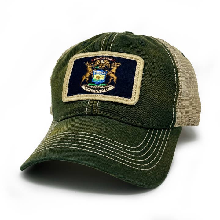 Michigan Flag Patch Trucker Hat, Green for wholesale by S.L. Revival Co.