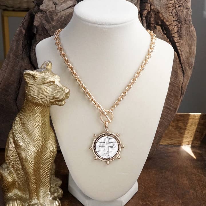 PennyLine inc - Wholesale Pendant/Charm Necklace - Cross Coin Chain Necklace with Front Toggle Closure – Silver or Gold Tone