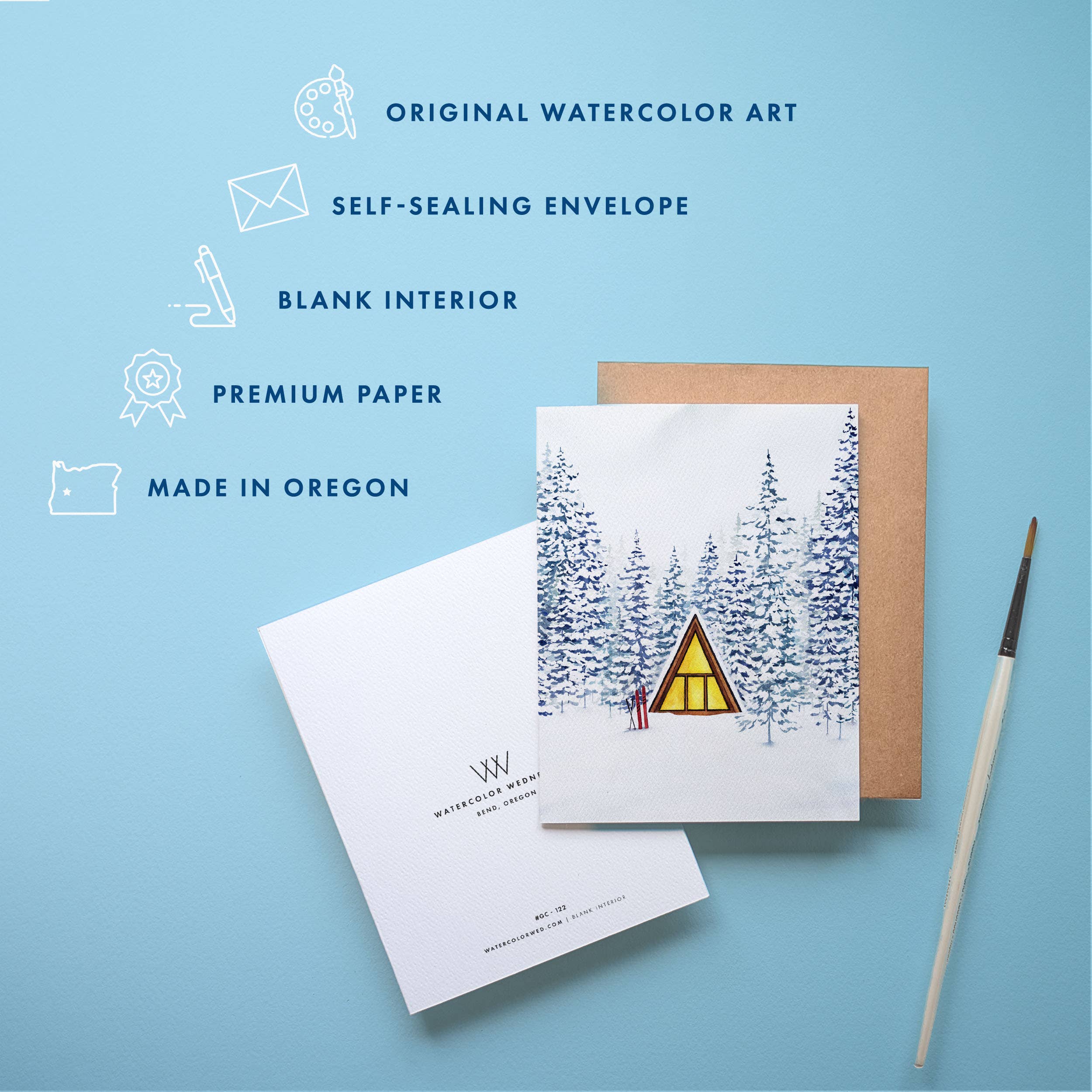 Watercolor Wednesday – wholesale Season’s Greetings card – Snowy Cabin Greeting Card | Winter Holiday Design1