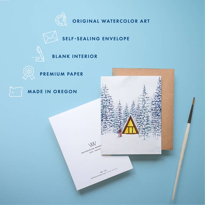 Watercolor Wednesday – wholesale Season’s Greetings card – Snowy Cabin Greeting Card | Winter Holiday Design1