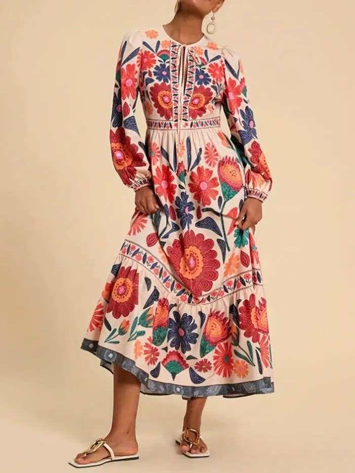 Vibrant Bohemian Tropical Floral Long Sleeve Dress for wholesale by Rosa Clothing