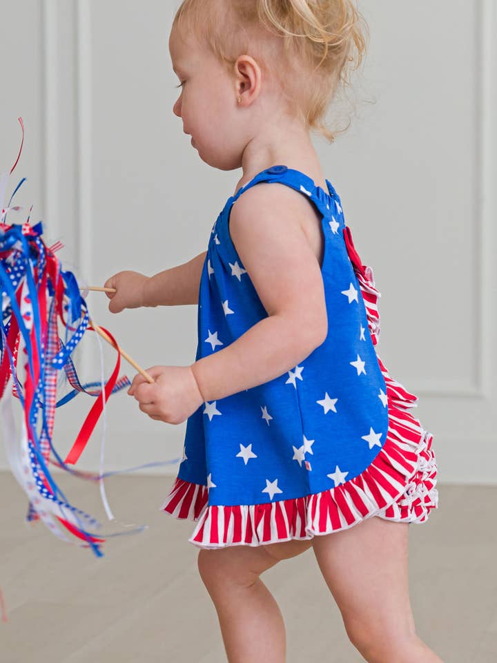 RuffleButts + RuggedButts - Wholesale Top & Short Set - Baby - Baby Girls Stars & Stripes Knit Swing Top and Bloomer Set