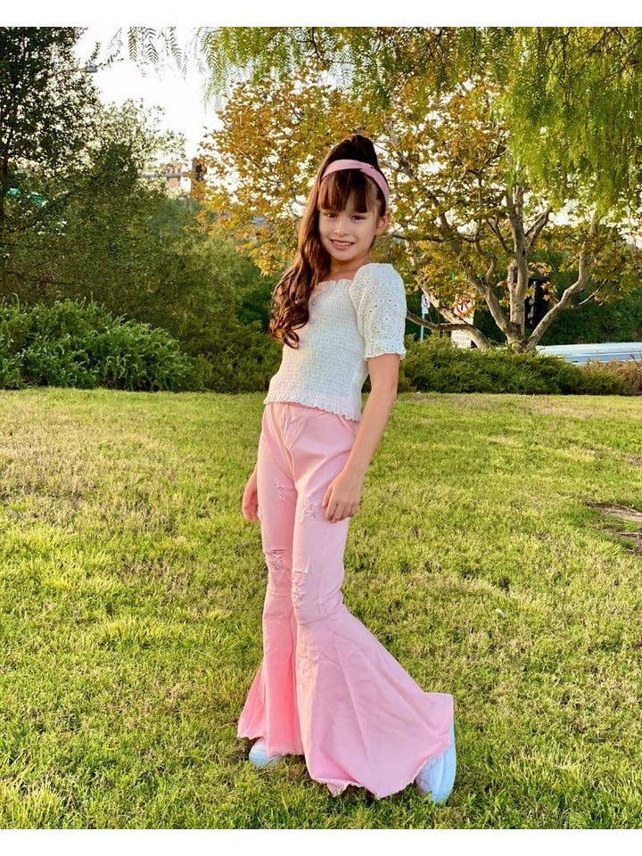 Bailey's Blossoms - Wholesale Pants - Kids - Barbie Denim Bell Bottoms - Distressed Pink