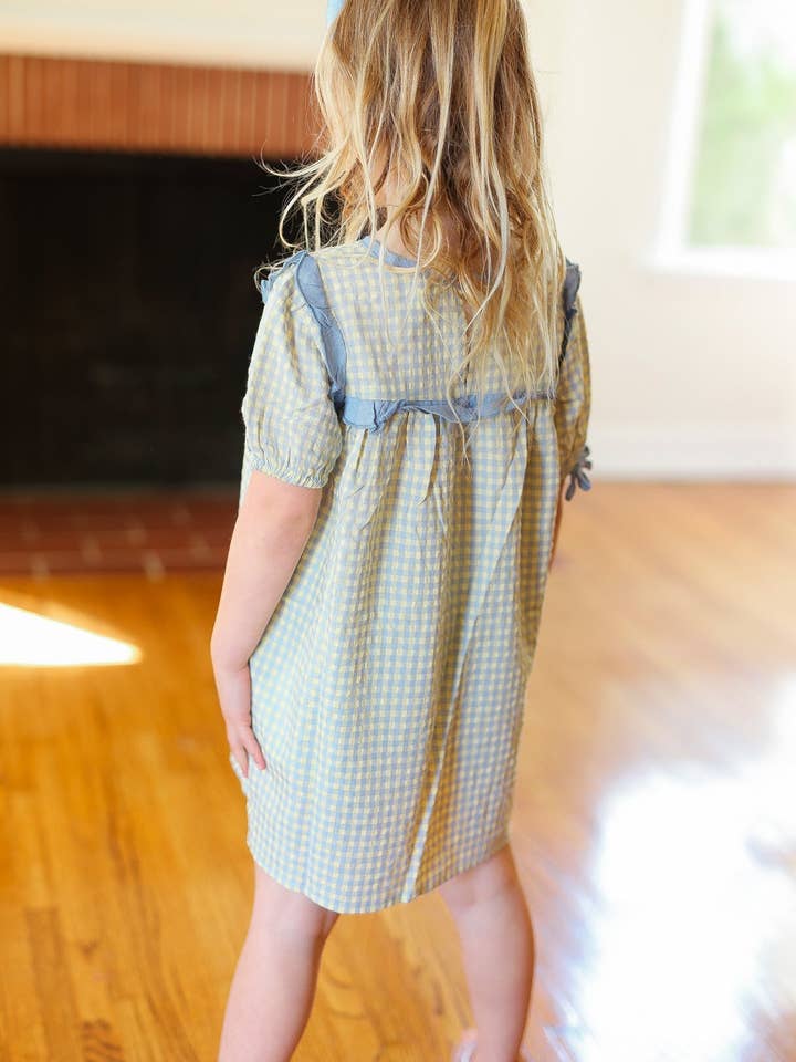 Promenade - Wholesale Dress - Kids - Kids Charming Blue Gingham Elastic Tie Sleeve Dress (Open Pack)