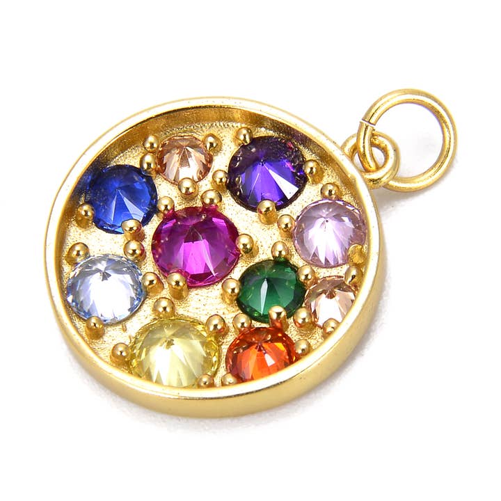 Breloque en forme de disque doré, multicolore, CZ Micro Pave, CP694 pour la vente par Beads Creation