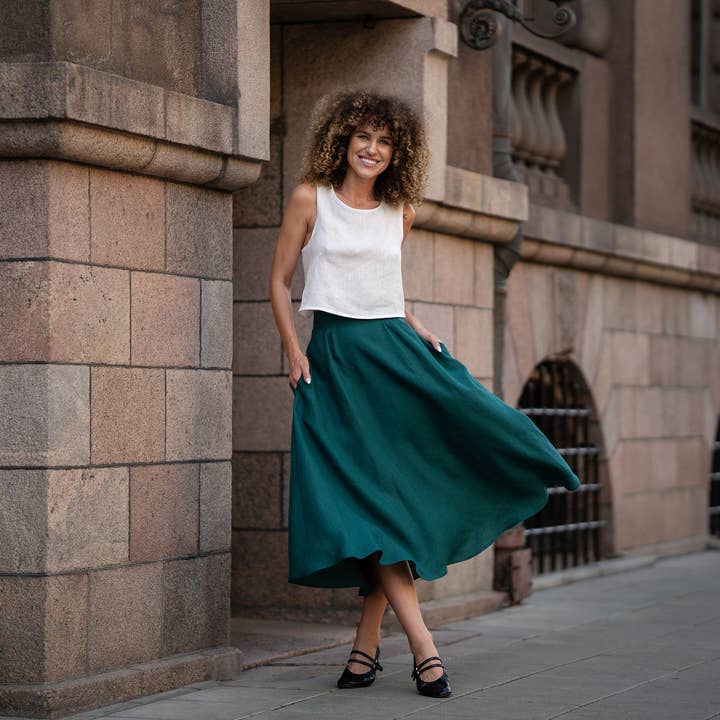 menique - Wholesale Skirt - Women's - Midi Linen Skirt Evelyn - High Waist Full Circle Skirt1